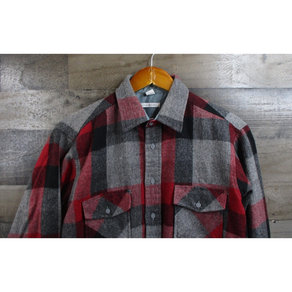 Halston Shirt Mens Medium Red Gray Buffalo Plaid Flannel Wool Blend Button Up